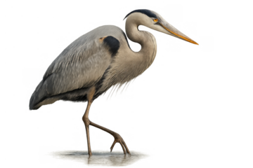Great blue heron wading, standing in water, watching for prey with a long bill, isolated with a transparent background