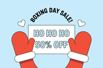 Boxing Day sale announcement with 'Ho Ho Ho' and 50% off message held by festive red mittens on a light blue background.