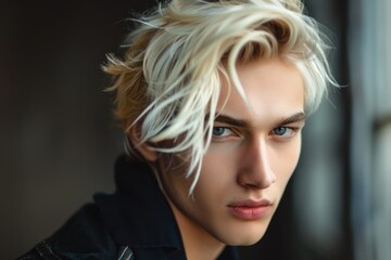 Fashionable blonde man posing in modern clothing, showcasing trendy hairstyle and confident expression