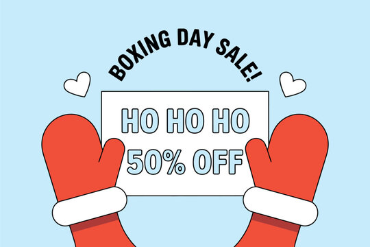 Boxing Day sale announcement with 'Ho Ho Ho' and 50% off message held by festive red mittens on a light blue background.