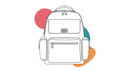 Obraz premium Line drawing of a modern backpack with multiple pockets and colorful abstract shapes in the background.