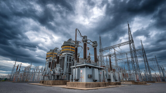 Industrial power substation with transformers and high-voltage lines, dramatic cloudy sky, metallic textures, ultra-sharp engineering detail.