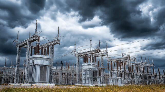 Industrial power substation with transformers and high-voltage lines, dramatic cloudy sky, metallic textures, ultra-sharp engineering detail.