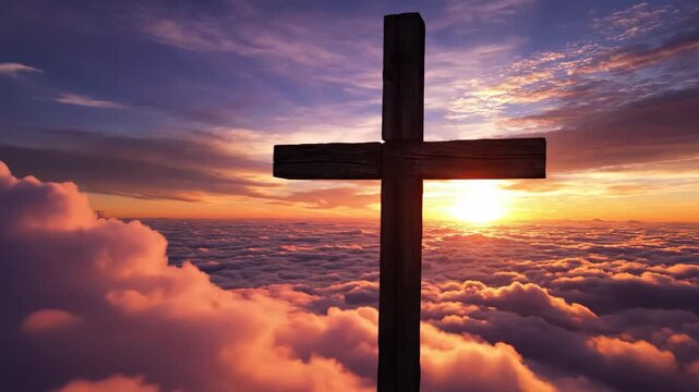 Cross Above Clouds at Sunrise - A wooden Christian cross stands silhouetted against a beautiful sunrise. The sun peeks through a sea of fluffy clouds, creating a serene and spiritual atmosphere.