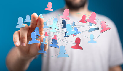Close up shot of a man touching a network of people icons, representing connections, communication, and social media community. Teamwork and col