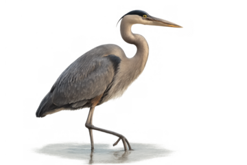 Great blue heron wading in shallow water, a large bird standing with a long neck, wildlife cutout transparent background
