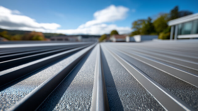 Modernes Trapezblech Dach mit parallelen Metallprofilen in perspektivischer Ansicht unter blauem Himmel