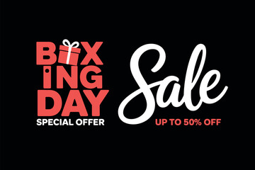 Boxing Day special offer with up to 50% off sale is advertised with bold typography and a gift icon.