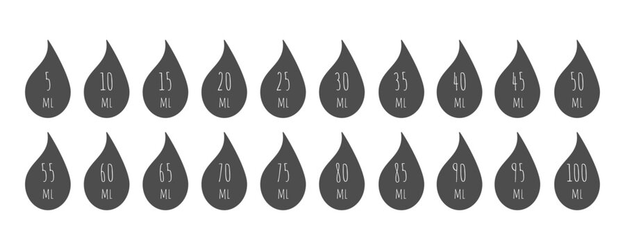Liquid measurement drop icon set. Doodle label vector design. Black silhouette drops. Medical cosmetic packaging dosage. Droplet labeled from 5 ml to 100 ml for packaging