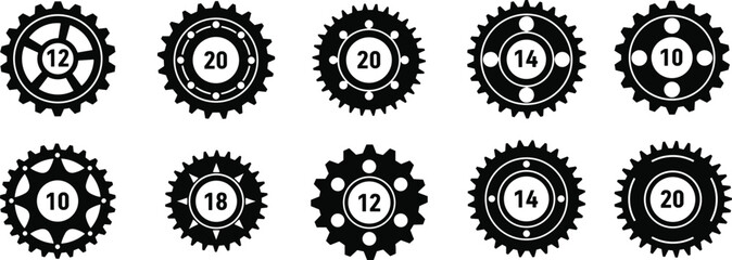 Bicycle gear sprocket icons set, black silhouette cogwheels with tooth count numbers, isolated mechanical transmission parts collection, industrial engineering vector