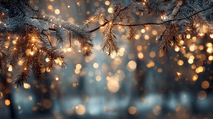 festive twinkling fairy lights and frosted pine branches with warm blurred golden light background. Christmas and holiday decoration 