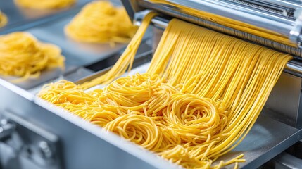Fresh spaghetti strands cascading from a pasta machine. Golden hues highlight the perfectly formed nests of pasta, ready for a culinary creation. Rustic charm meets modern.