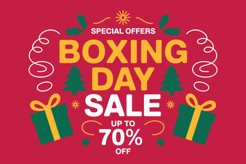 Boxing Day Sale with special offers up to 70% off, featuring gift boxes and Christmas trees.