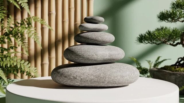 Stacked Stones on White Pedestal - This video shows a zen rock stack comprised of five smooth grey stones stacked on a white circular pedestal.