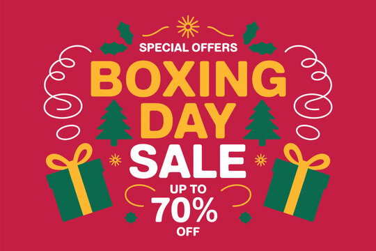 Boxing Day Sale with special offers up to 70% off, featuring gift boxes and Christmas trees. - Powered by Adobe