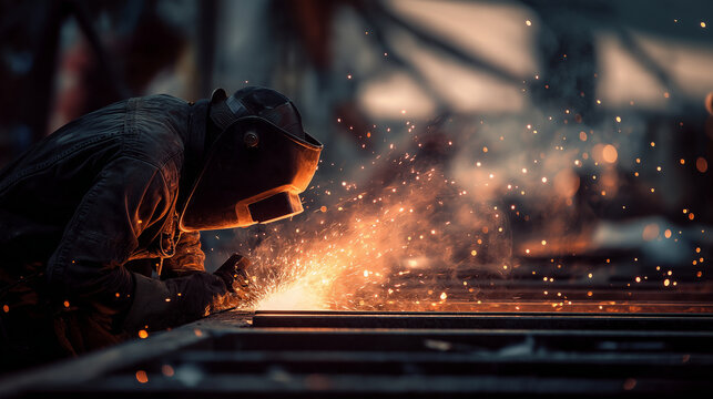 Industrial welding workshop, welder using arc torch, bright sparks flying, heavy metal structures, deep shadows, gritty high-detail environment.