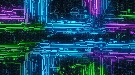 Animated futuristic circuit board with vibrant neon lights abstract technology background - Powered by Adobe