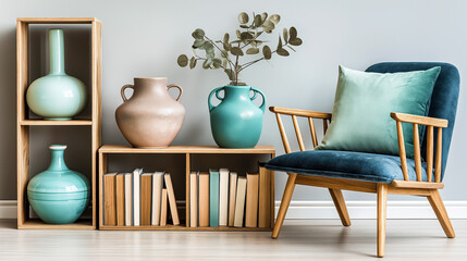 Modern Interior with Wooden Armchair, Decorative Vases and Books on Shelves