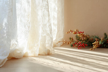 morning sunlight streams through lace curtain creating magical and festive atmosphere