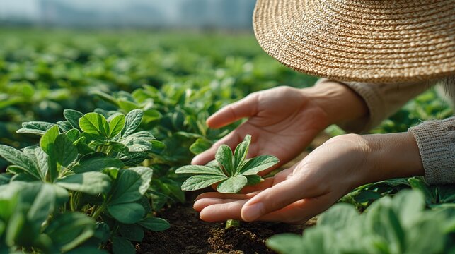 Cultivating growth: a farmer's gentle hands nurture a young plant. Sunlight kisses the fields, promising a bountiful harvest. A testament to the beauty of labor.