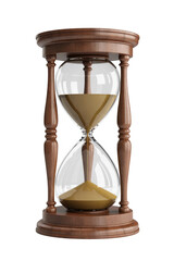 Wooden hourglass with flowing sand isolated on a transparent background