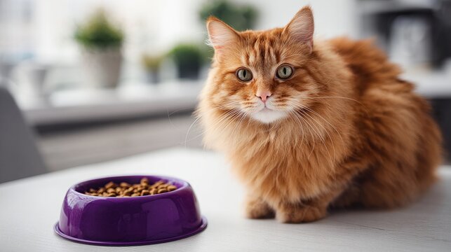 A fluffy ginger cat sits patiently beside a full purple bowl of kibble. Its striking green eyes gaze directly at the camera. A delightful display of feline charm.