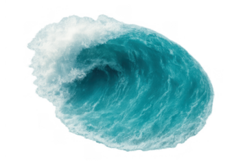 Powerful ocean wave curling and breaking, showing churning blue water and white foam on a transparent background