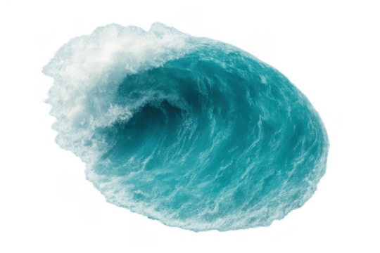 Powerful ocean wave curling and breaking, showing churning blue water and white foam on a transparent background