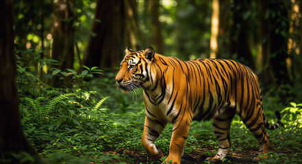 Obraz premium A majestic wild tiger walking through a lush tropical forest, surrounded by dense green foliage and natural sunlight.