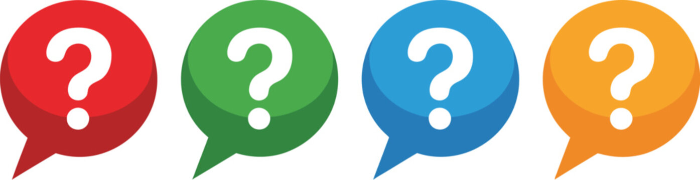A collection of four colorful speech bubbles in red, green, blue, and orange, each featuring a prominent white question mark symbol for FAQs and support