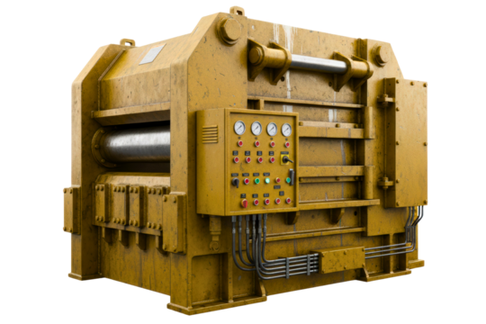 Old industrial roller press machine with a vintage control panel isolated with transparent background