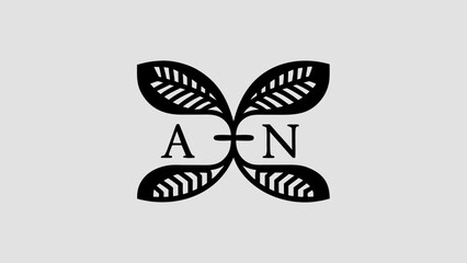 Letter a and n intertwined with leaf vectors creating a symmetrical floral monogram design element