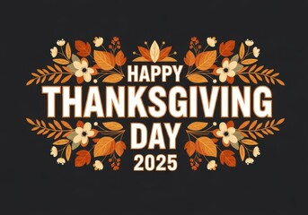 Happy thanksgiving day 2025 text with autumn leaves and flowers decoration on a dark background