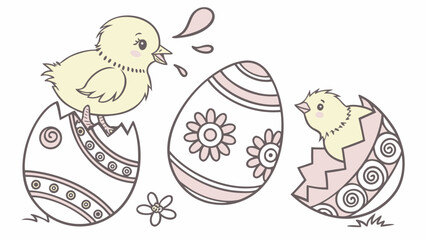 Easter illustration showing two chicks emerging from decorated eggs with a flower on the ground