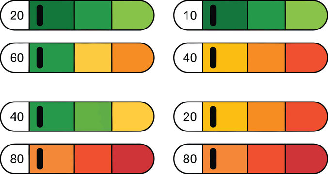 A collection of colorful horizontal measurement scales with indicator markers, showing numerical values on a green to red gradient for data visualization