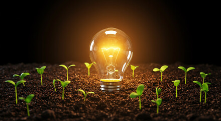 Bright idea illuminates new growth as sprouts emerge from rich soil, symbolizing innovation and future success