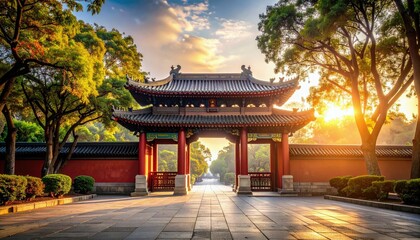 A grand, ornate traditional Chinese temple gate stands majestically, illuminated by the warm glow of a rising sun.