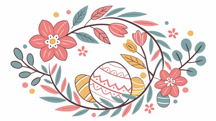 Floral easter frame with decorated eggs and flowers in pastel colors, a spring holiday illustration