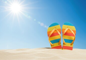 Colorful striped flip flops rest on bright sand under a brilliant summer sun.
