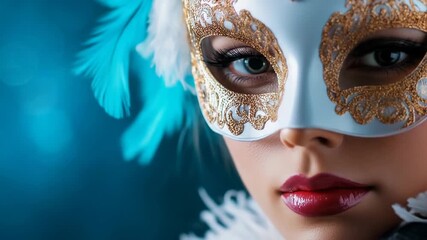 Elegant woman wearing ornate masquerade mask with feathers and bright red lips against a blue background - Powered by Adobe
