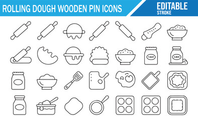 Rolling pin and baking ingredient outline icons set in clean editable stroke style featuring dough, bowls, jars, utensils, and kitchen tools for cooking guides, recipe apps, menus, and bakery design p
