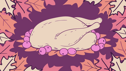 Illustration of a thanksgiving turkey surrounded by leaves and cranberries in a colorful design