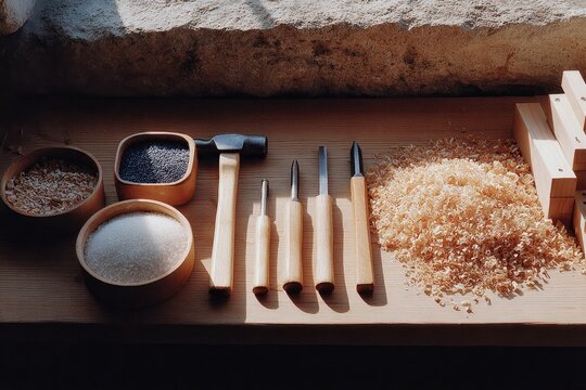 Crafting tools arranged neatly on wooden table, showcasing craftsmanship elements