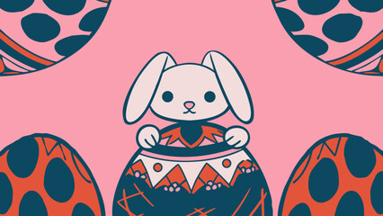 A cartoon bunny in a decorated easter egg with patterned eggs on a pink pastel background view