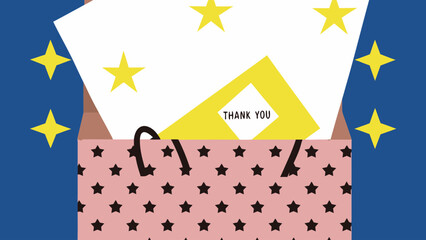 A thank you card with yellow stars in a pink star patterned bag against a blue background is shown