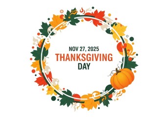 Thanksgiving day circular wreath with autumn leaves, pumpkins, and the date november 27, 2025, isolated on a white background