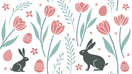 Seamless pattern of tulips, easter eggs, bunnies, and small flowers on a white background for spring time