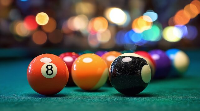A vibrant collection of pool balls aligned on a green felt table, illuminated by the warm glow of bokeh lights in the background. Ready for a fun game of pool or billiards.