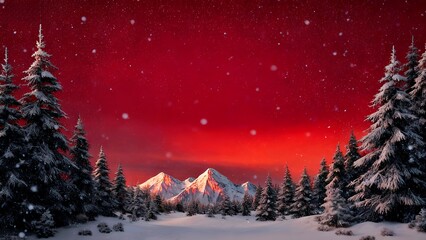Crimson Horizon: Snow-Covered Pines and Alpine Majesty Under Red Skies