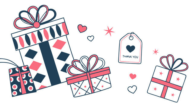 Illustration of assorted gift boxes with bows, a thank you tag, hearts and a star on a white background